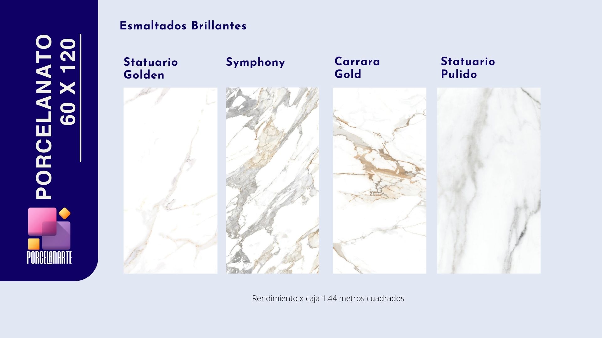 porcelanatos symphony, tipo carrara, statuario golden y gris pulido