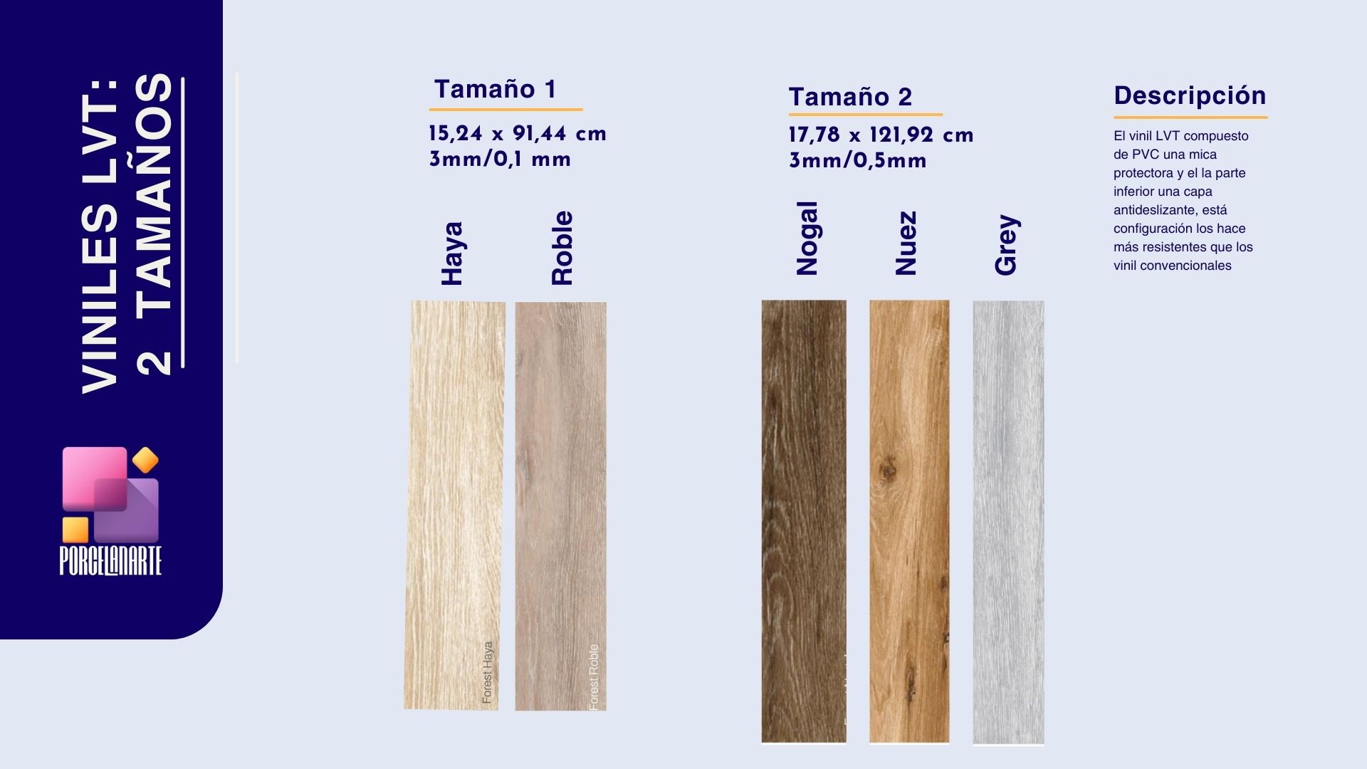 Porcelanato tipo madera cinco tonos, nogal, gris, nuez, haya, roble